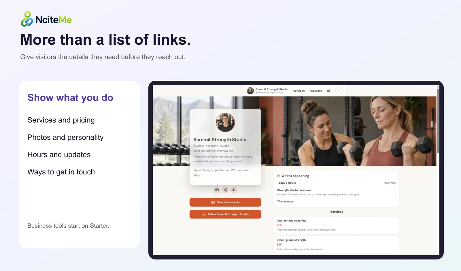 Summit Strength Studio, a fictional NciteMe example, beside a list of details a fuller page can show. This is one NciteMe page, not a claim about other products.