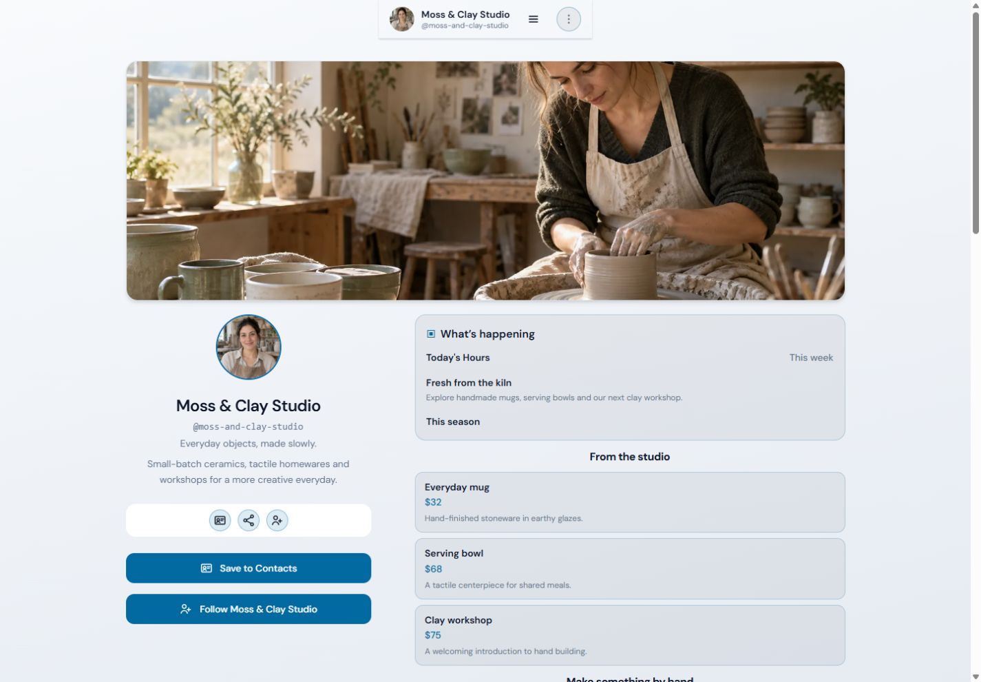 Actual Moss & Clay Studio NciteMe profile shown on a desktop page.