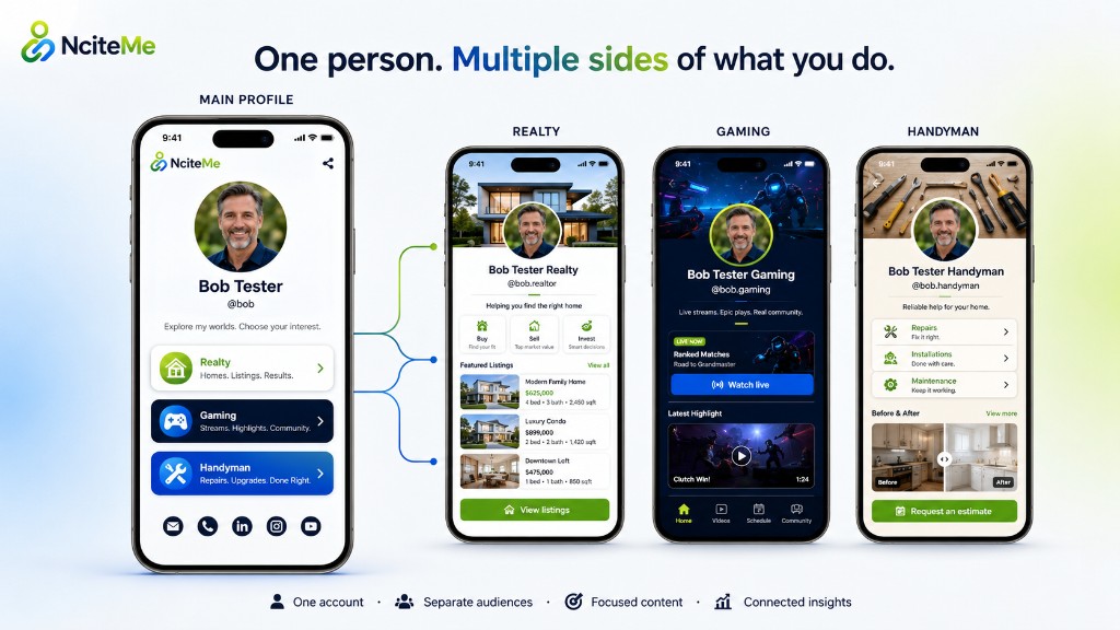 Bob Tester's main NciteMe profile connected to separate realty, gaming, and handyman persona pages.